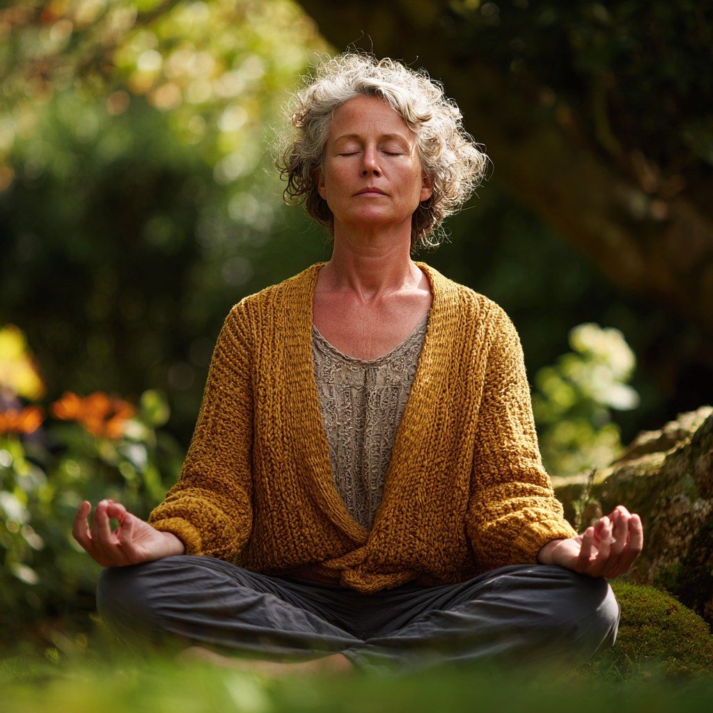 mature woman practicing yoga meditation in peaceful garden setting