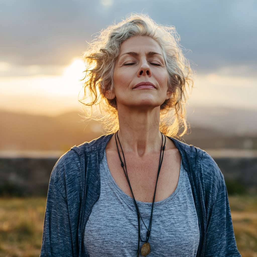 serene middle-aged person in yoga pose surrounded by natural elements